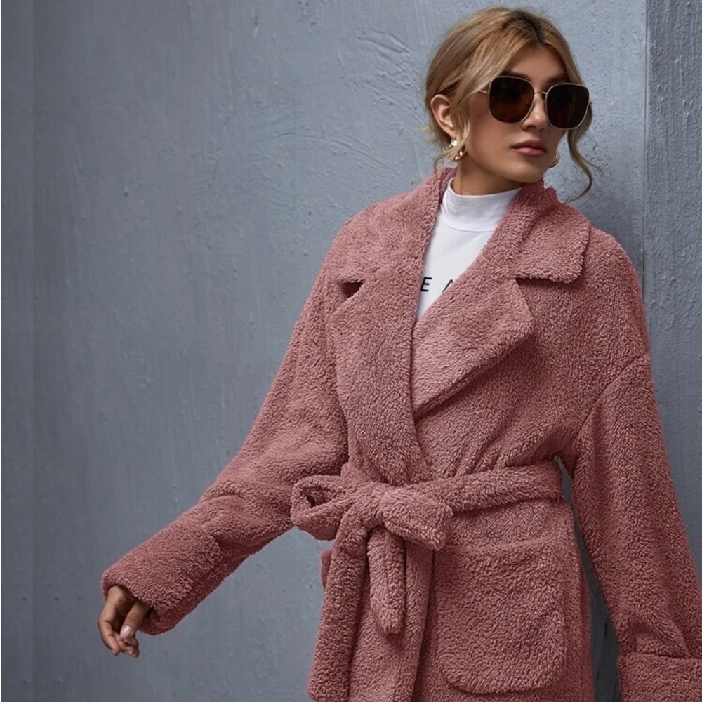 SHEIN Notched Collar Patch Teddy Coat